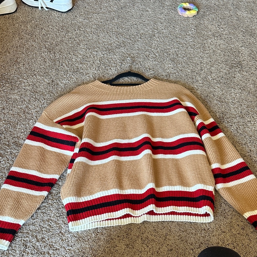 Vici Striped Tan Crewneck Sweater with Red and Black Accents